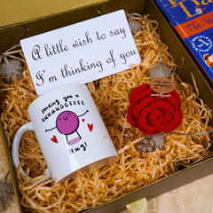 Handmade Crochet Red Rose, Hug Mug & Wish Card Gift Set