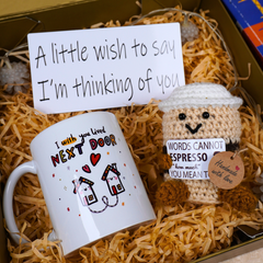 Crochet Coffee Plush, Next Door Mug & Wish Card Gift Set