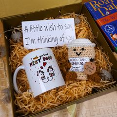 Crochet Coffee Plush, Next Door Mug & Wish Card Gift Set