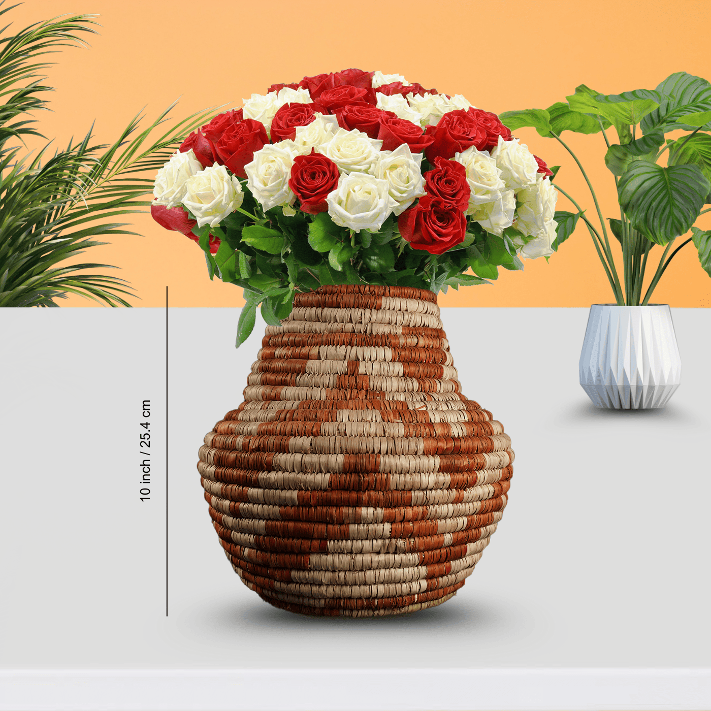 Woven vase with red and white roses on a light background