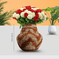 Woven vase with red and white roses on a light background
