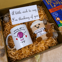 Crochet Coffee Plush, Mug & Wish Card Gift Set