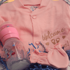 Sweet Beginnings Pink Baby Gift Basket – With Feeding Bottle