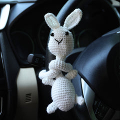 Handmade Crochet White Bunny Car Dashboard & Steering Wheel Charm