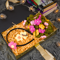 Meadow Blossom Crochet Headband, Hair Clip & Floral Gajra Gift Set