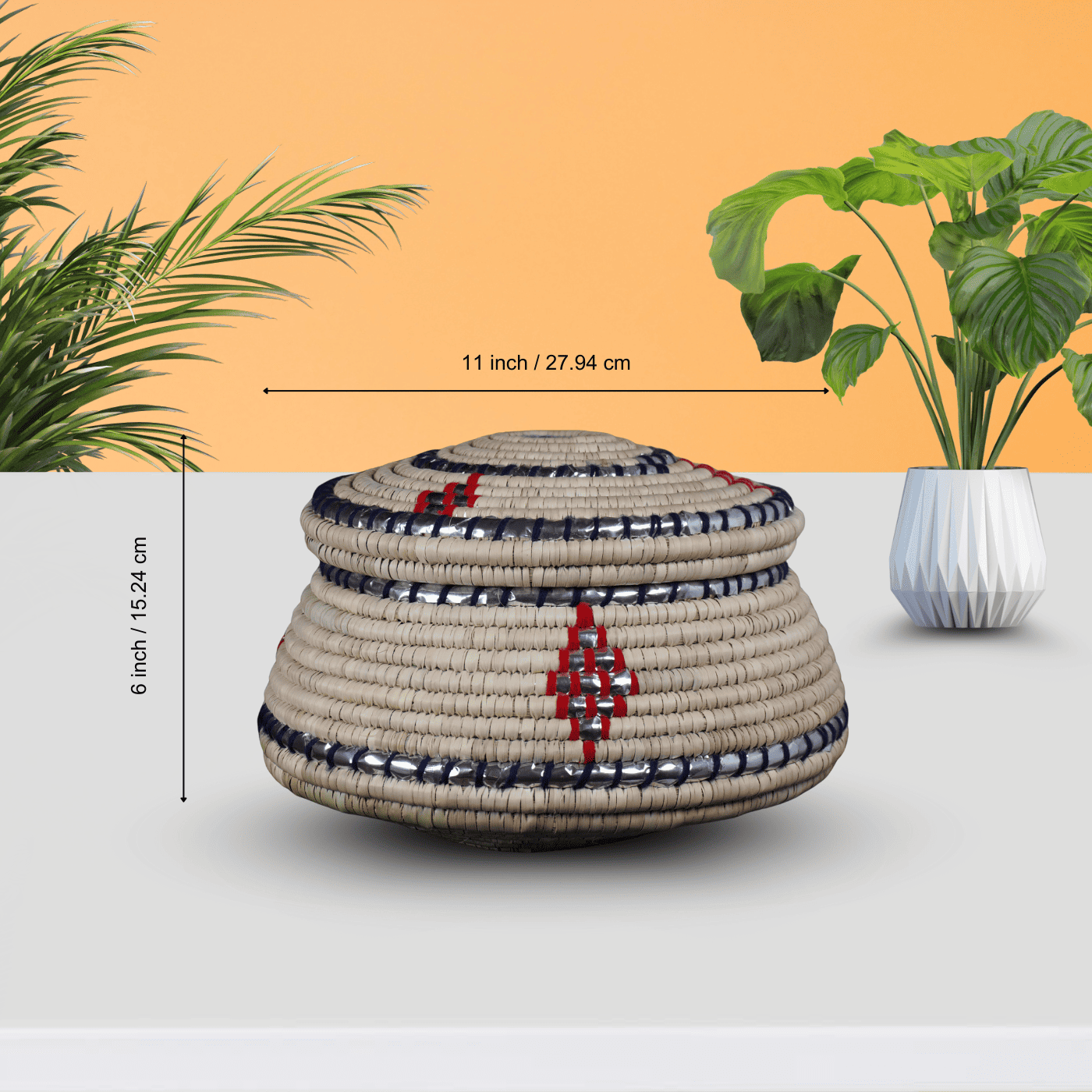 Decorative woven basket with measurements on a light gray background with plants.
