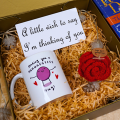 Handmade Crochet Red Rose, Hug Mug & Wish Card Gift Set