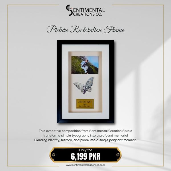 Framed picture with butterfly specimen and text on a white background, featuring Sentimental Creations Co. branding.