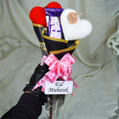 Red and White heart flower with Chocolate and Eid Mubarak card