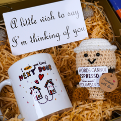 Crochet Coffee Plush, Next Door Mug & Wish Card Gift Set