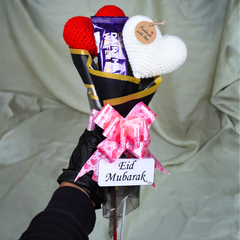 Red and White heart flower with Chocolate and Eid Mubarak card