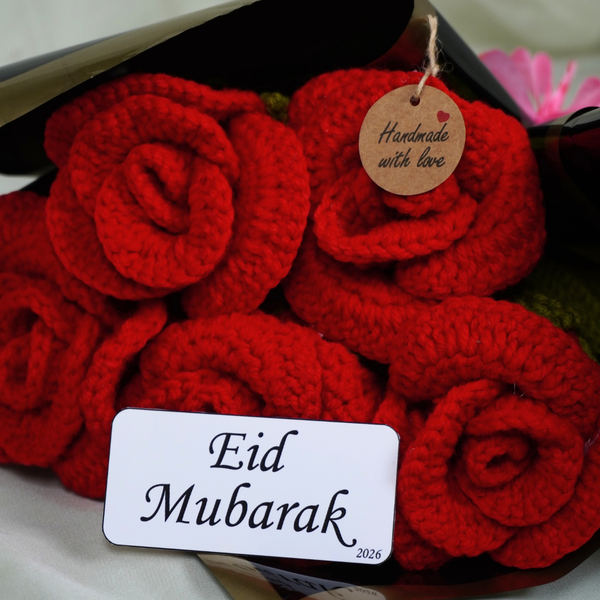 5 Rose Crochet Flower Bouqet With Eid Mubarak Card