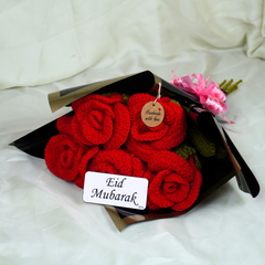 5 Rose Crochet Flower Bouqet With Eid Mubarak Card