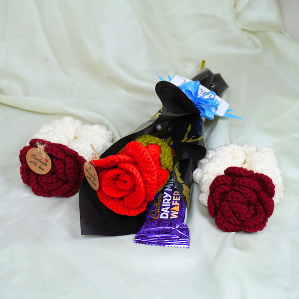 Single Rose Flower & Gajra Pair with Chocolate and Eid Mubarak Card