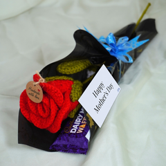 Single Rose Crochet Flower With Chocolate & Happy Mother’s Day Tag