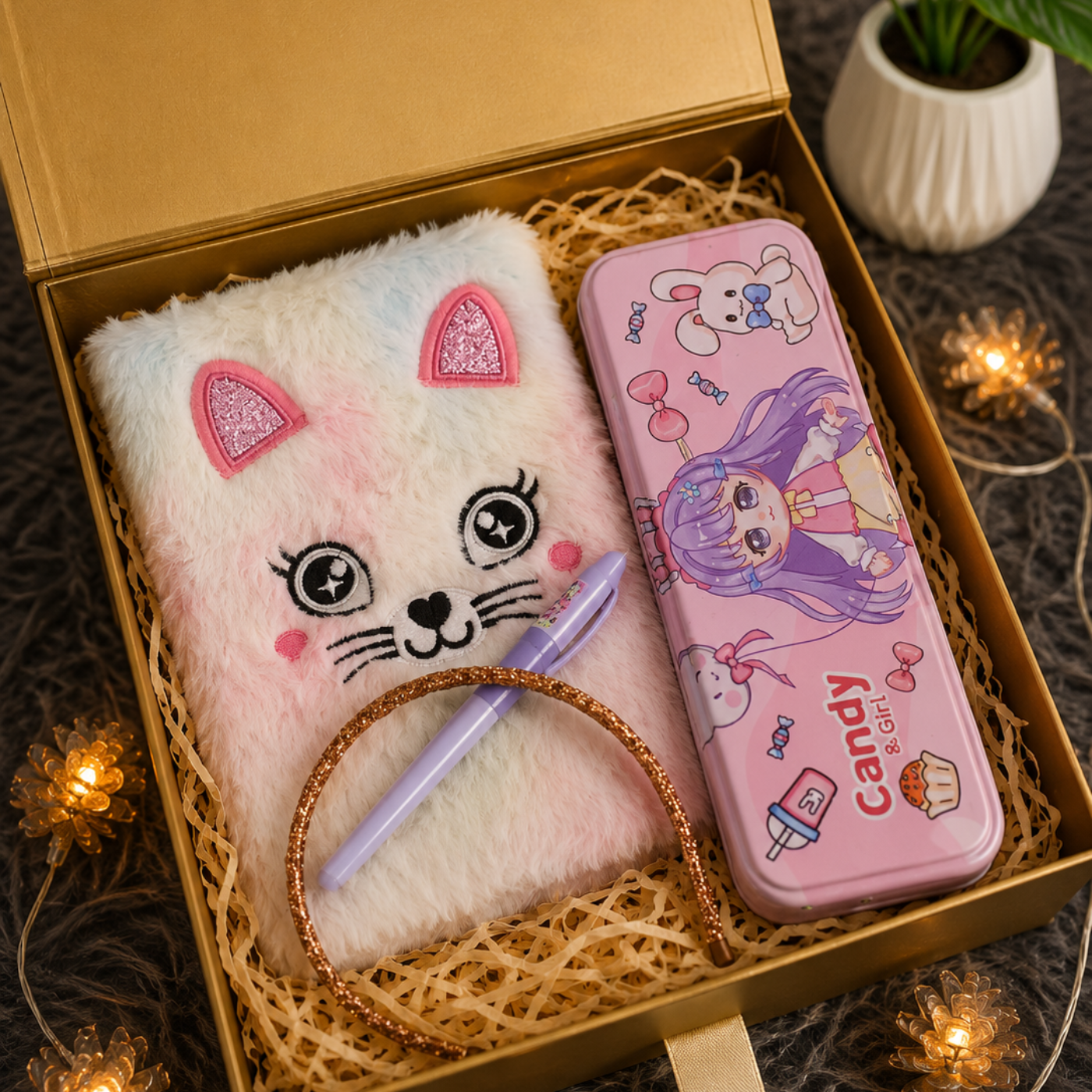 A cute gift set in an open gold box, featuring a fluffy white and pink cat-face notebook, a pink cartoon pencil case, a gold wire headband, and a lavender pen, styled with warm fairy lights.