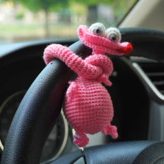 Handmade Crochet Pink Lizard Car Dashboard & Steering Wheel