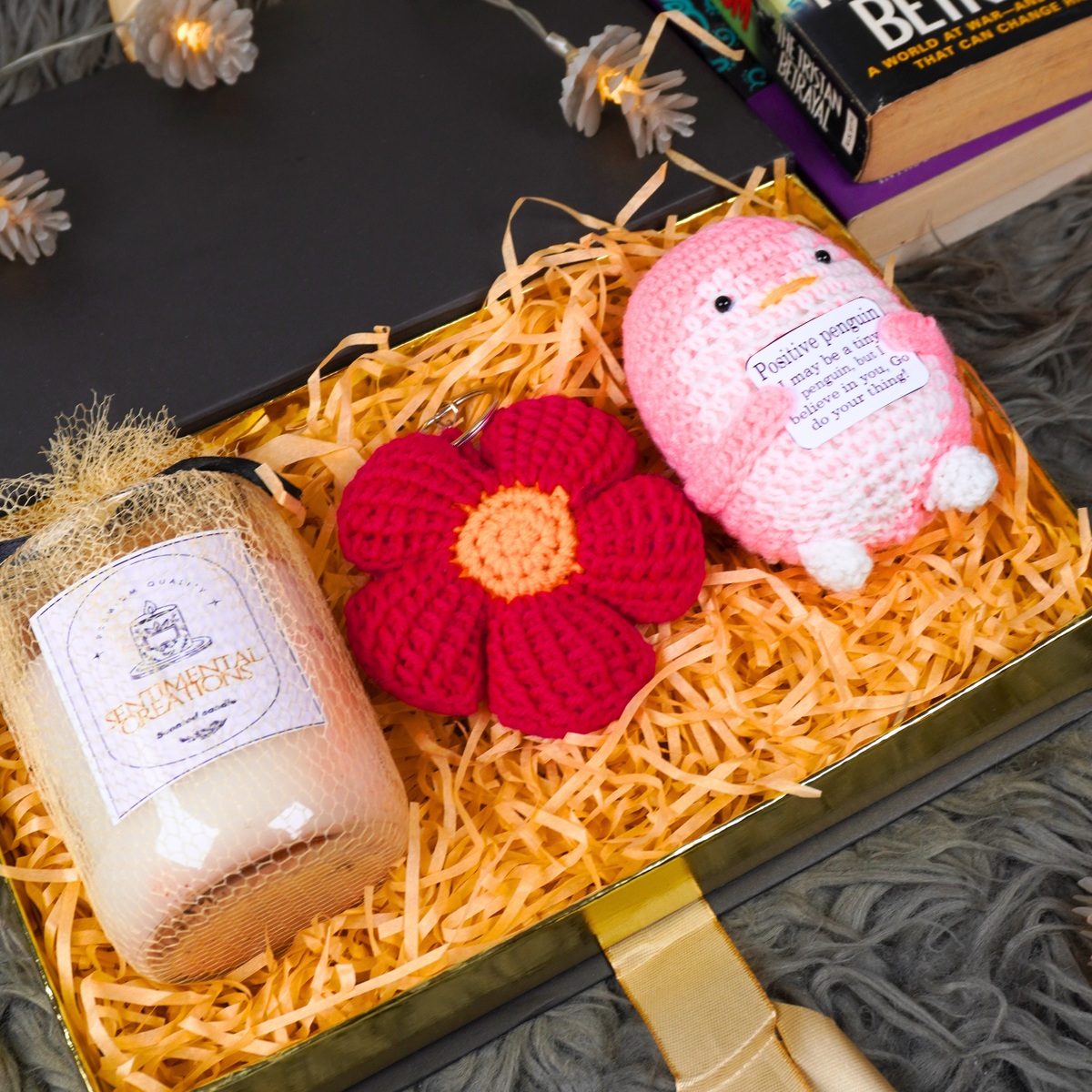 Positive Penguin Amigurumi, Candle & Flower Charm Cozy Gift Set