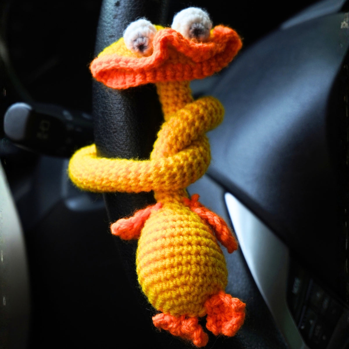 Handmade Crochet Yellow & Orange Duck Car Dashboard & Steering Wheel Charm