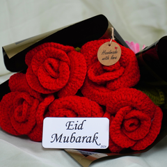 5 Rose Crochet Flower Bouqet With Eid Mubarak Card