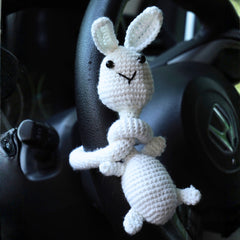 Handmade Crochet White Bunny Car Dashboard & Steering Wheel Charm