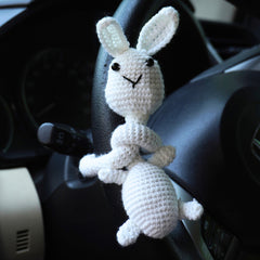 Handmade Crochet White Bunny Car Dashboard & Steering Wheel Charm
