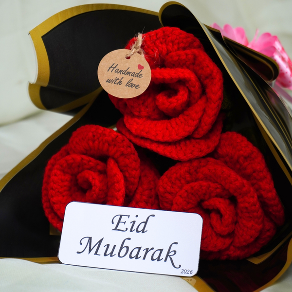 3 Rose Crochet Flower Bouqet With Eid Mubarak Card