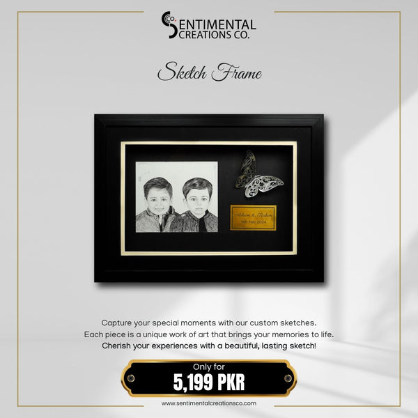 Framed sketch of two children with a butterfly and text, branded 'Sentimental Creations Co.'