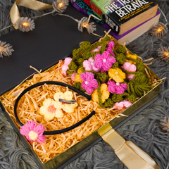 Meadow Blossom Crochet Headband, Hair Clip & Floral Gajra Gift Set