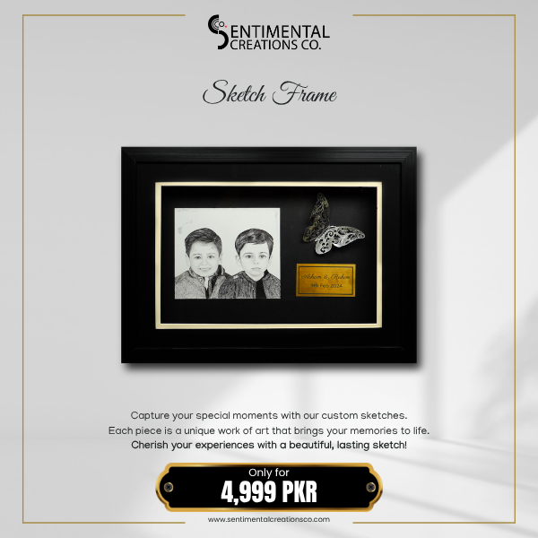 Framed artwork with two children's photo and a butterfly, branded 'Sentimental Creations Co.'