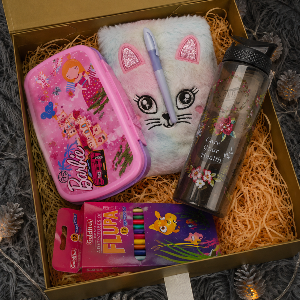 Fluffy Cat Diary, Barbie Pencil Box, Water Bottle & Colour Pencils Kids Gift Set