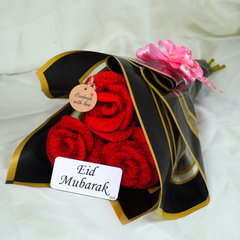 3 Rose Crochet Flower Bouqet With Eid Mubarak Card