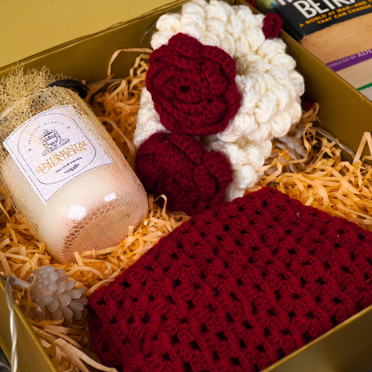 Crimson Rose Crochet Gajra, Candle & Pouch Festive Gift Set