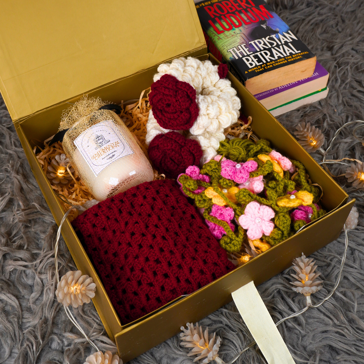 Crimson Elegance Ultimate Multi-Gajra, Candle & Pouch Gift Luxury Set