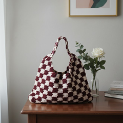 Crimson Checkered Crochet Tote
