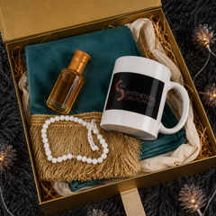 Velvet Prayer Mat, Attar Fragrance, Tasbeeh & Ceramic Mug Gift Set