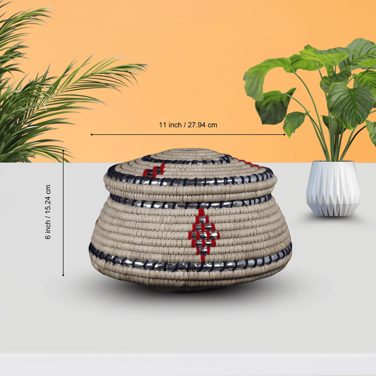 Decorative woven basket with measurements on a light gray background with plants.